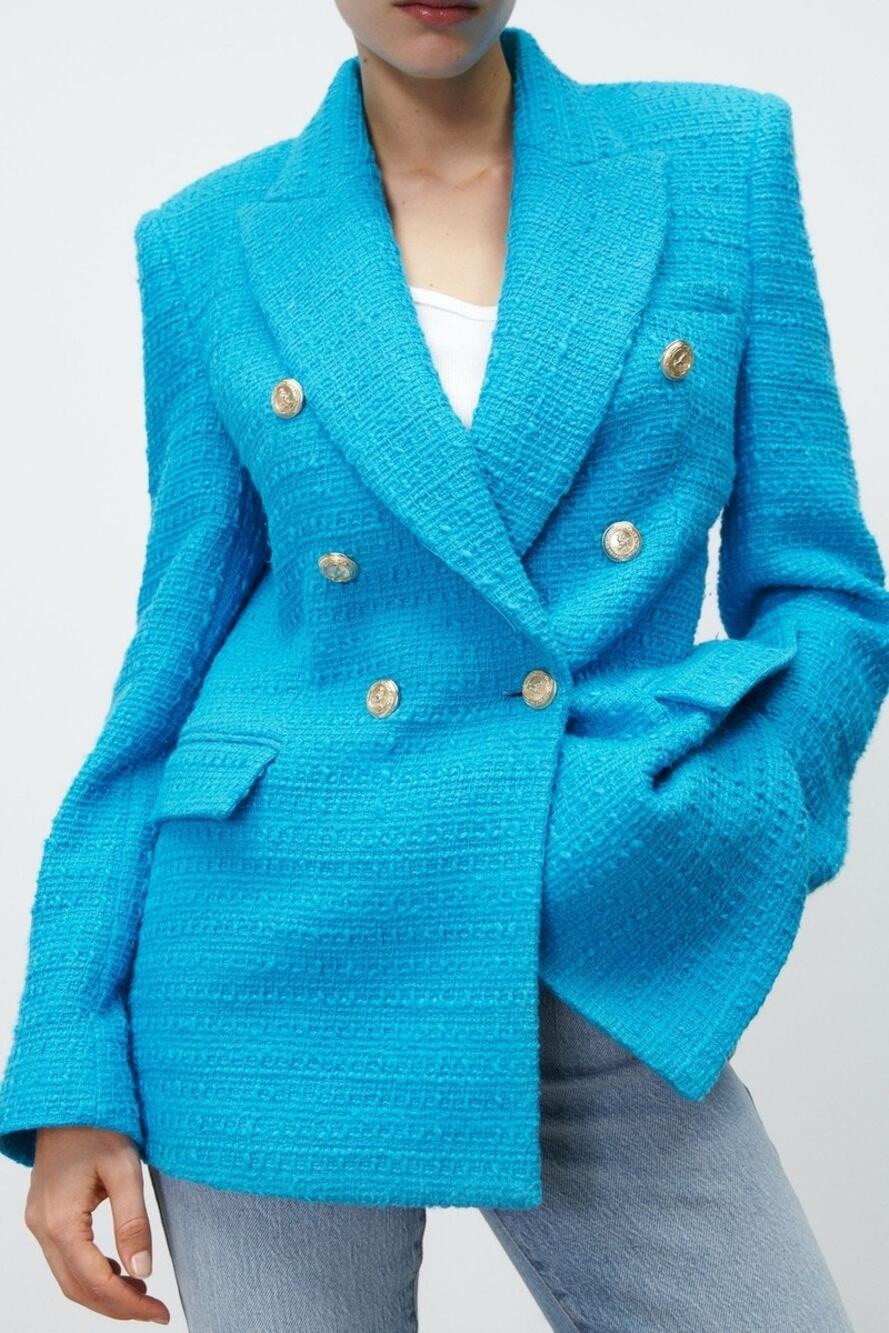 ZARA Turquoise Textured Gold Button Double-Breasted Blazer L